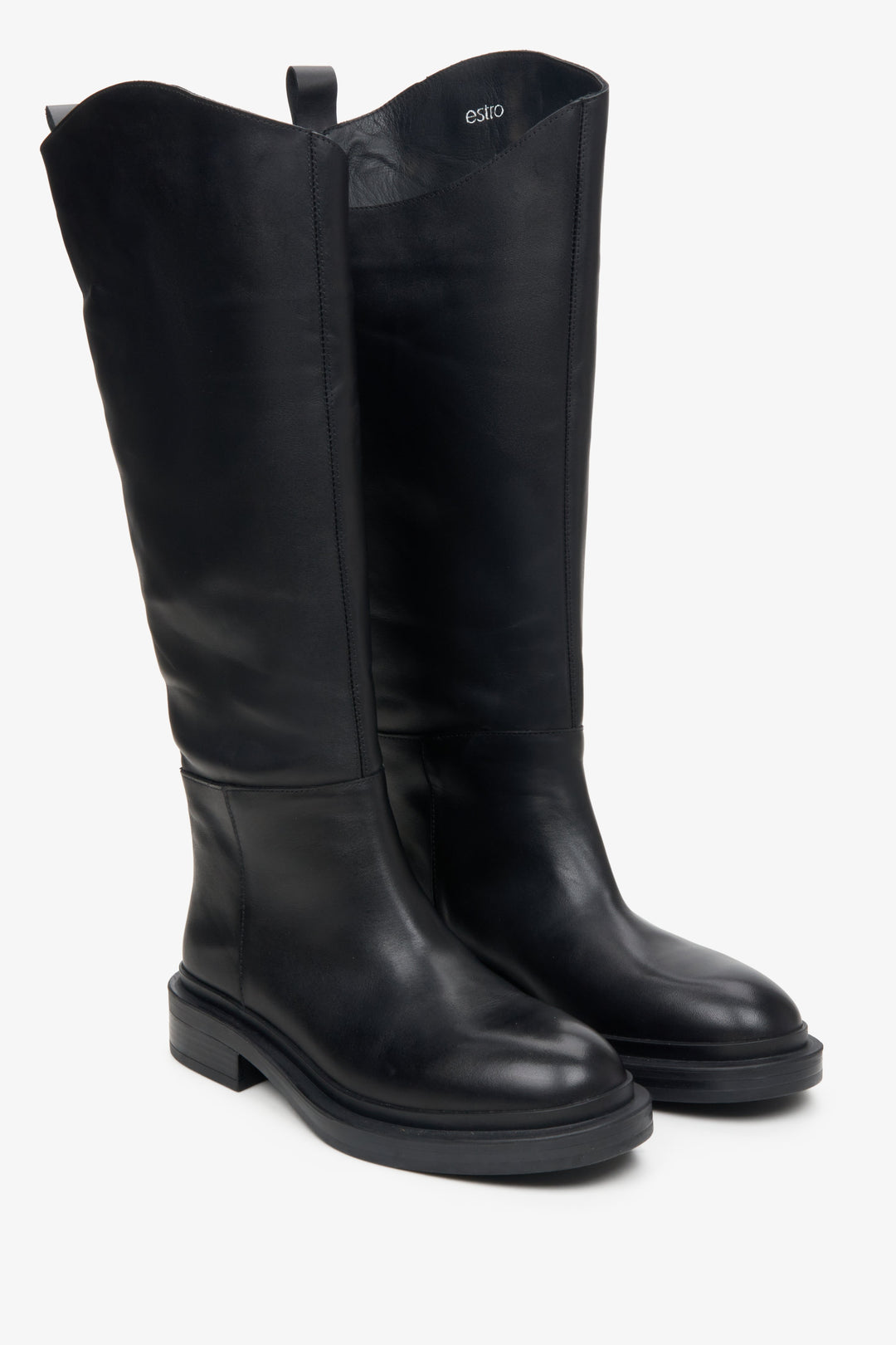 Black leather wide-calf boots.