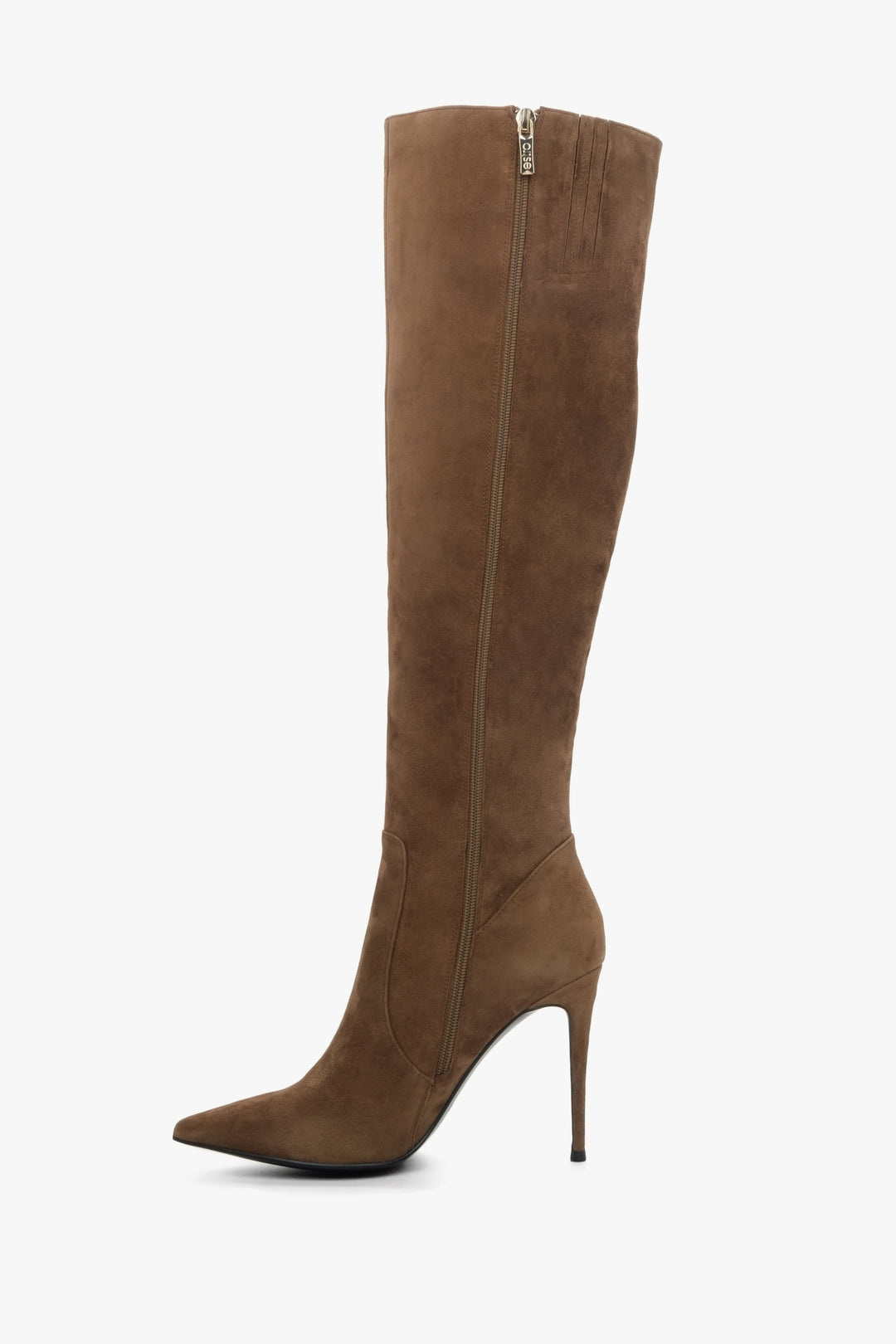 Brown stretchy velour knee-high boots Estro - shoe profile.