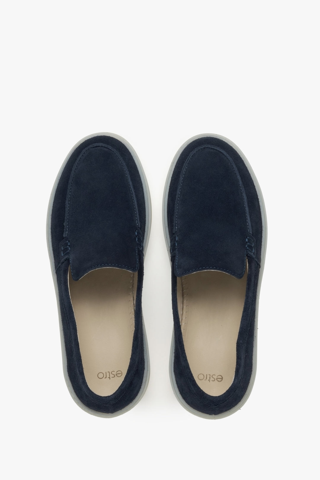 Women's dark blue loafers made of genuine velour Estro - top view of the model.