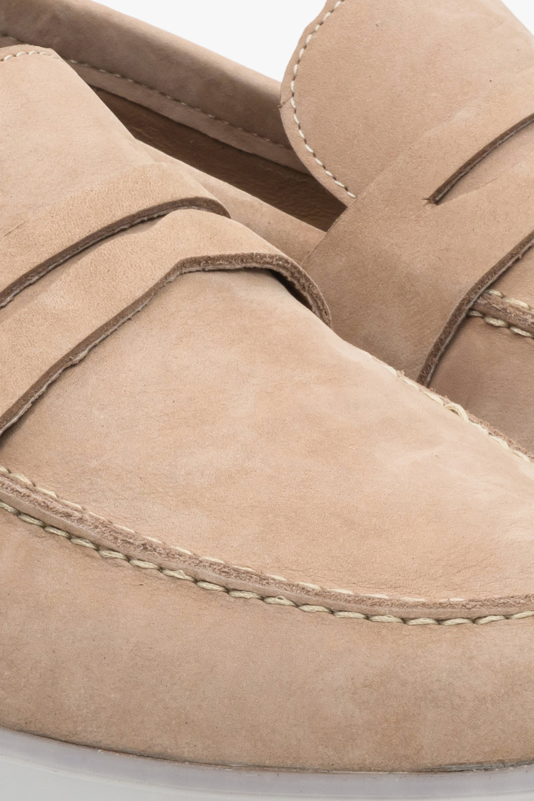 Beige nubuck men's moccasins by Estro - close-up on the stitching pattern.