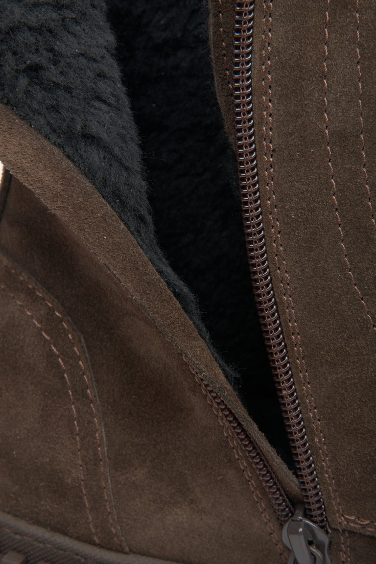 Brown velour women's ankle boots Estro - a close-up on details.