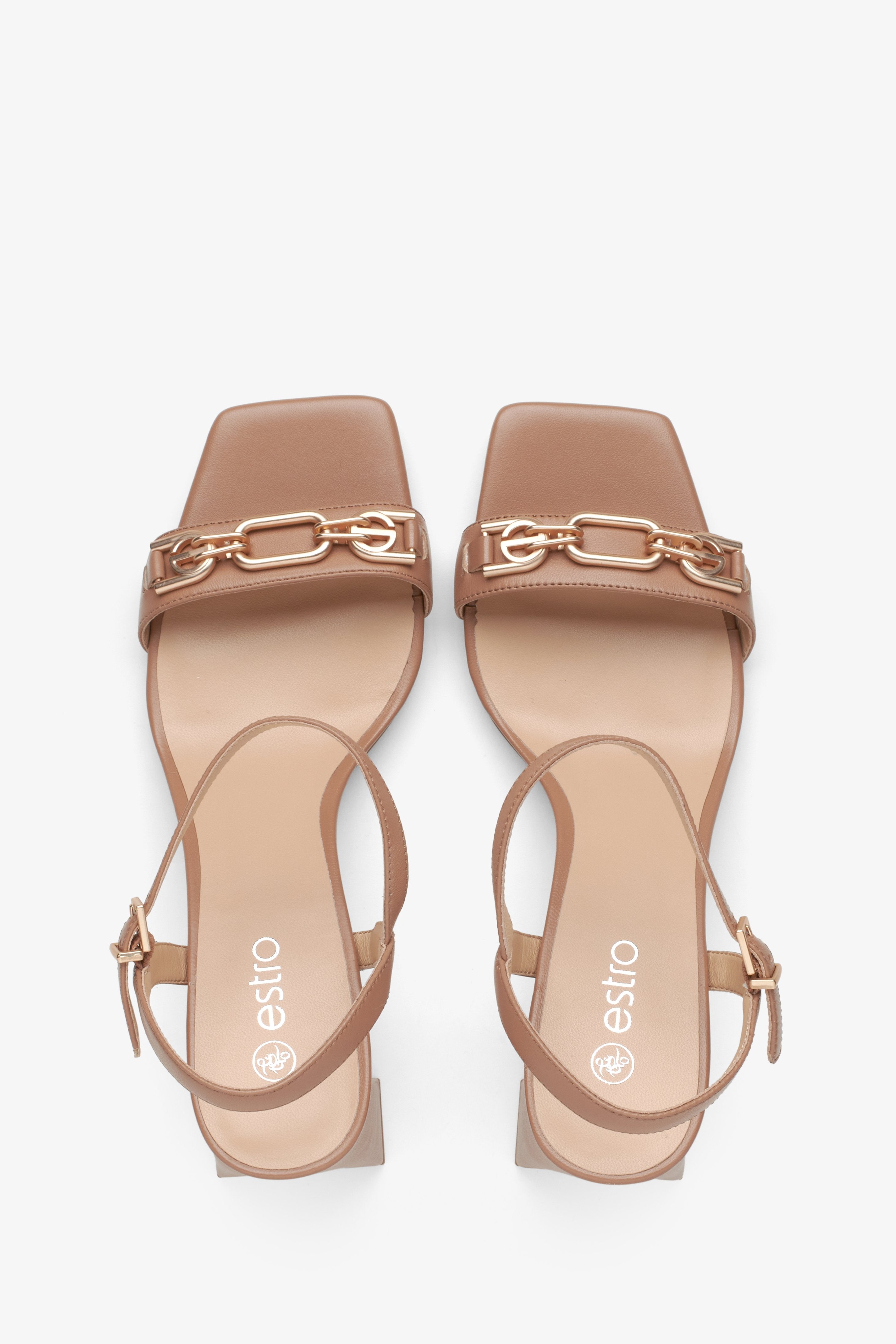 Women's beige leather block heel sandals - top view presentation.