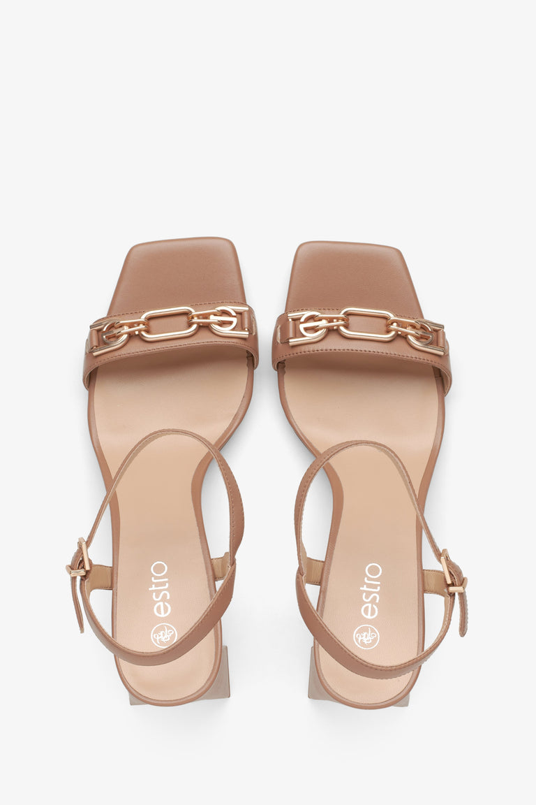 Women's beige leather block heel sandals - top view presentation.