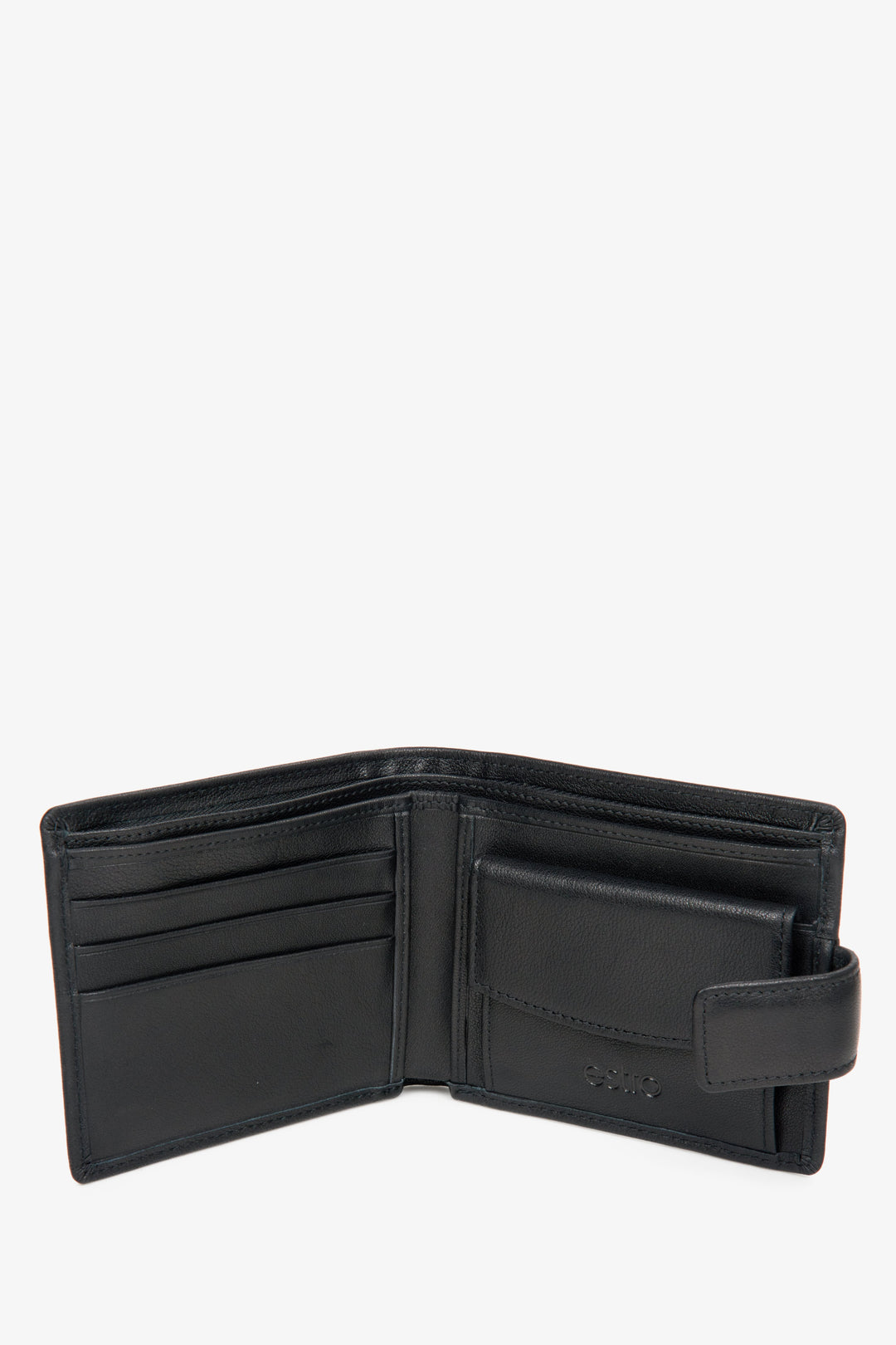 The interior of the black leather men's wallet with a buckle by Estro.