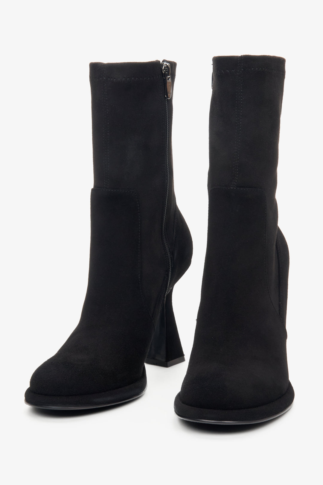 Women's black ankle boots with funnel heel made of genuine velour by Estro - close-up on the toe cap.