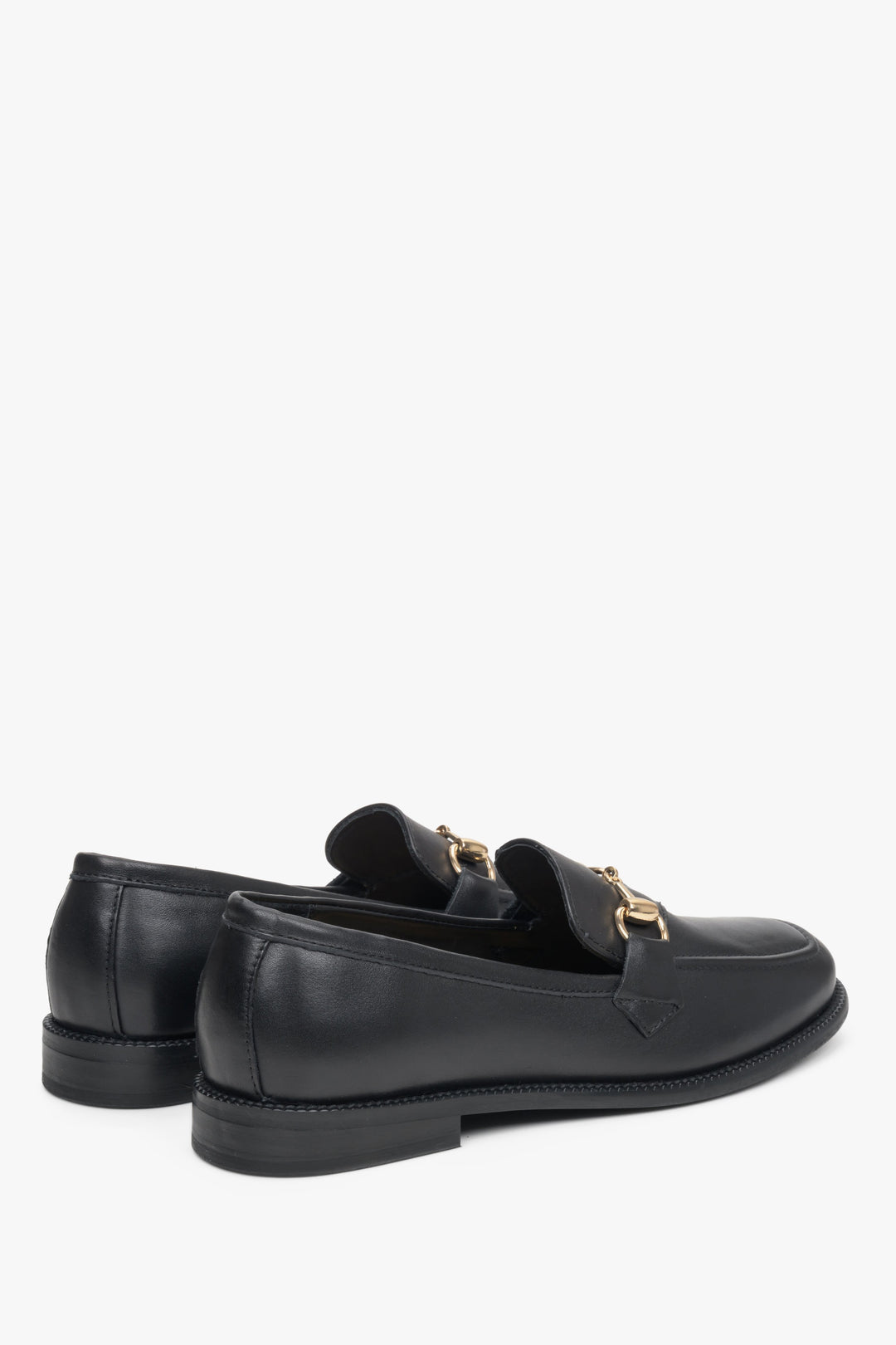 Women's Black Italian Leather Loafers with Gold Buckle - heel counter.