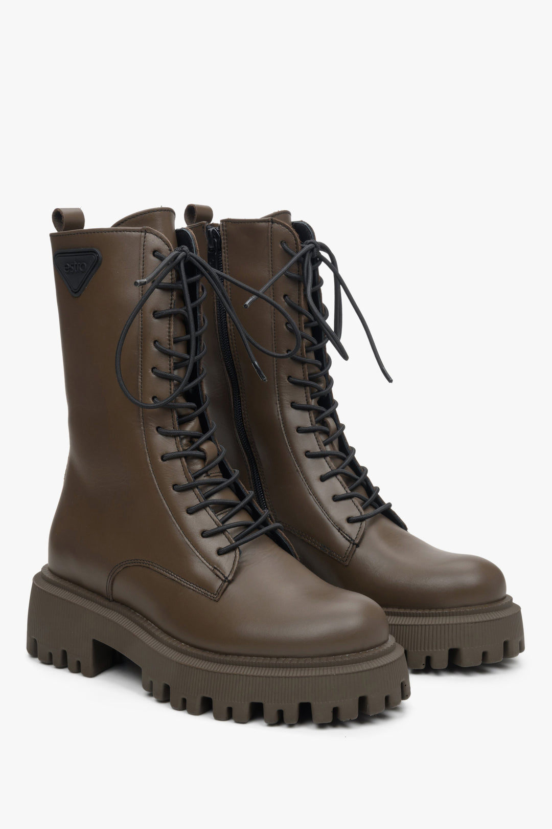 Women's dark brown high leather combat boots by Estro for fall.