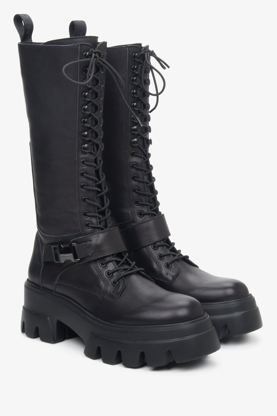 High black Estro women's leather combat boots with laces.