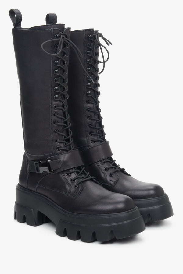 High black Estro women's leather combat boots with laces.