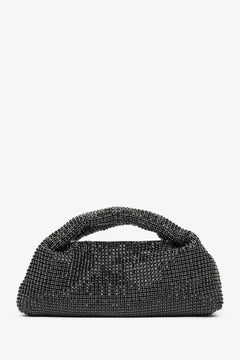 Elegant black evening women's bag, embellished with crystals and featuring a textured handle by Estro.