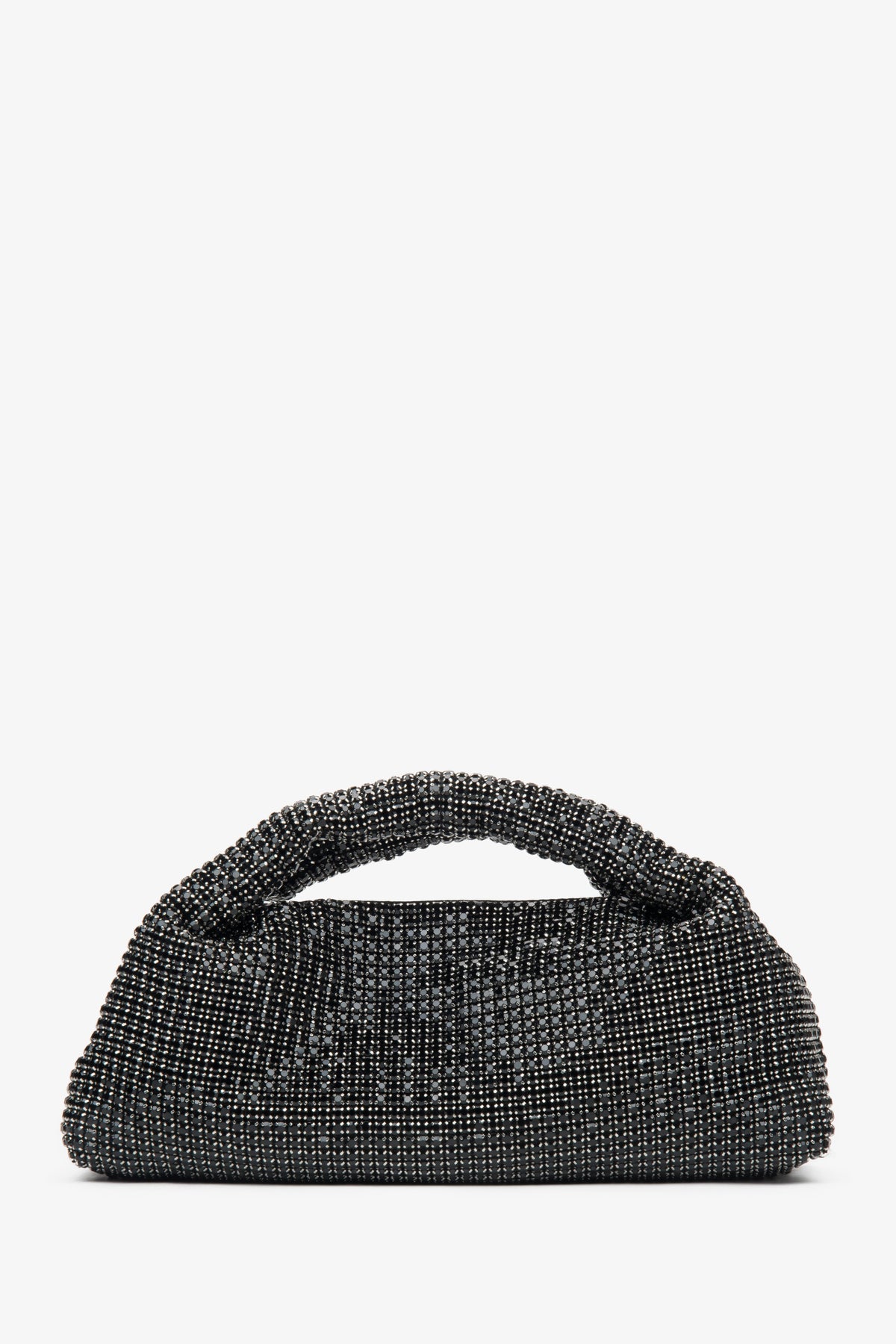 Elegant black evening women's bag, embellished with crystals and featuring a textured handle by Estro.