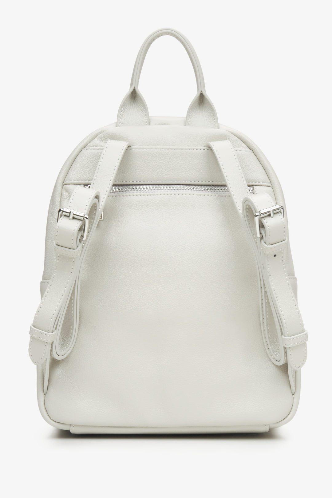 Women's light grey leather backpack with long straps by Estro - back view.