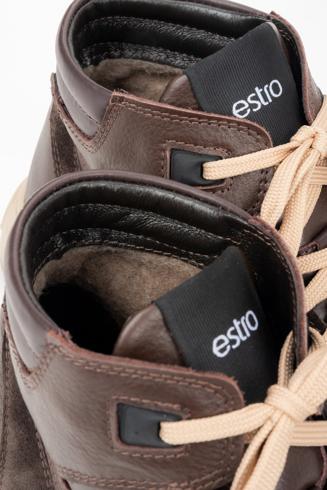 Dark brown men's high-top sneakers made of Italian leather and velour with insulation by Estro – details.