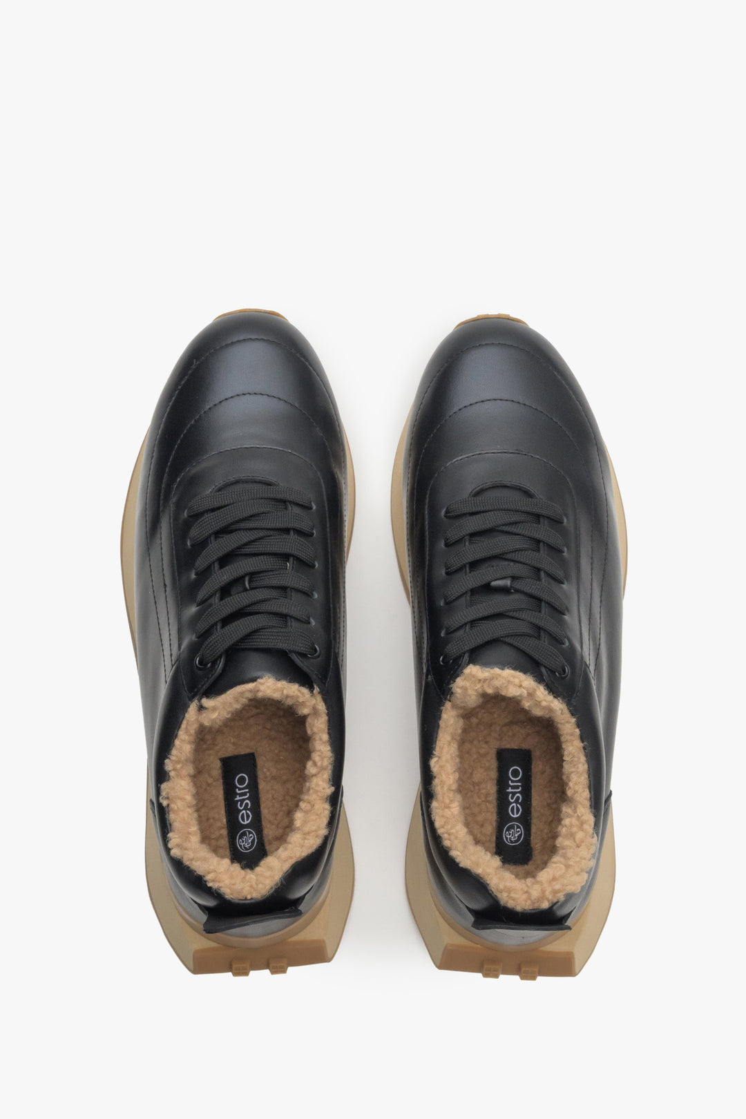 Women's leather black winter sneakers by Estro - top view presentation of the model.