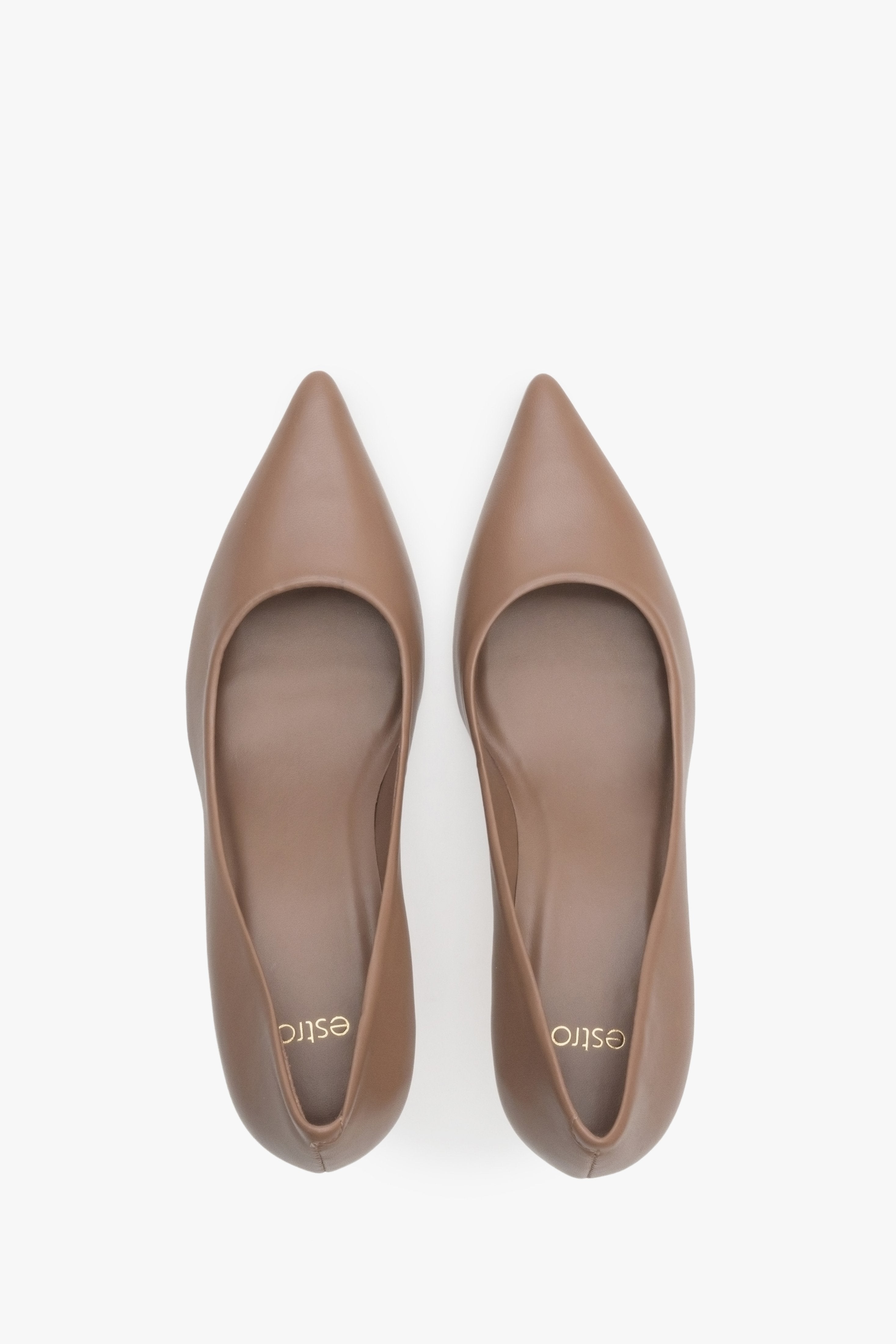 Women's brown leather  pumps by Estro with a low stiletto heel and pointed toe - top view presentation of the model.