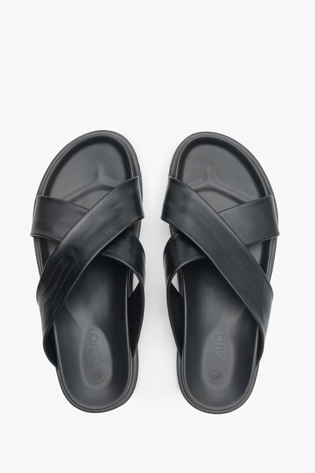 Men's black leather sandals by Estro with thick cross straps - top view model presentation.