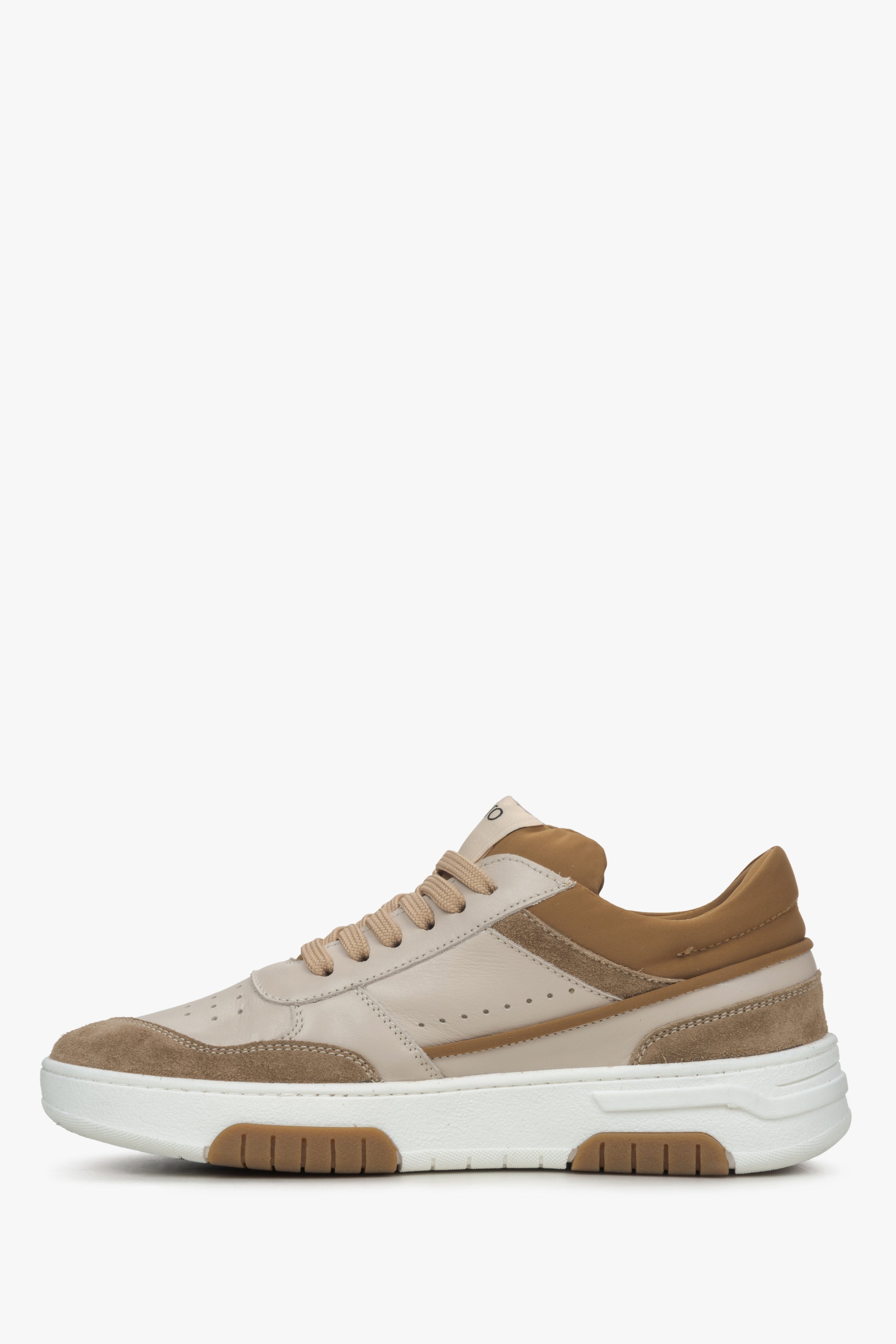 Women's brown and beige sneakers made of leather and velour - side profile.