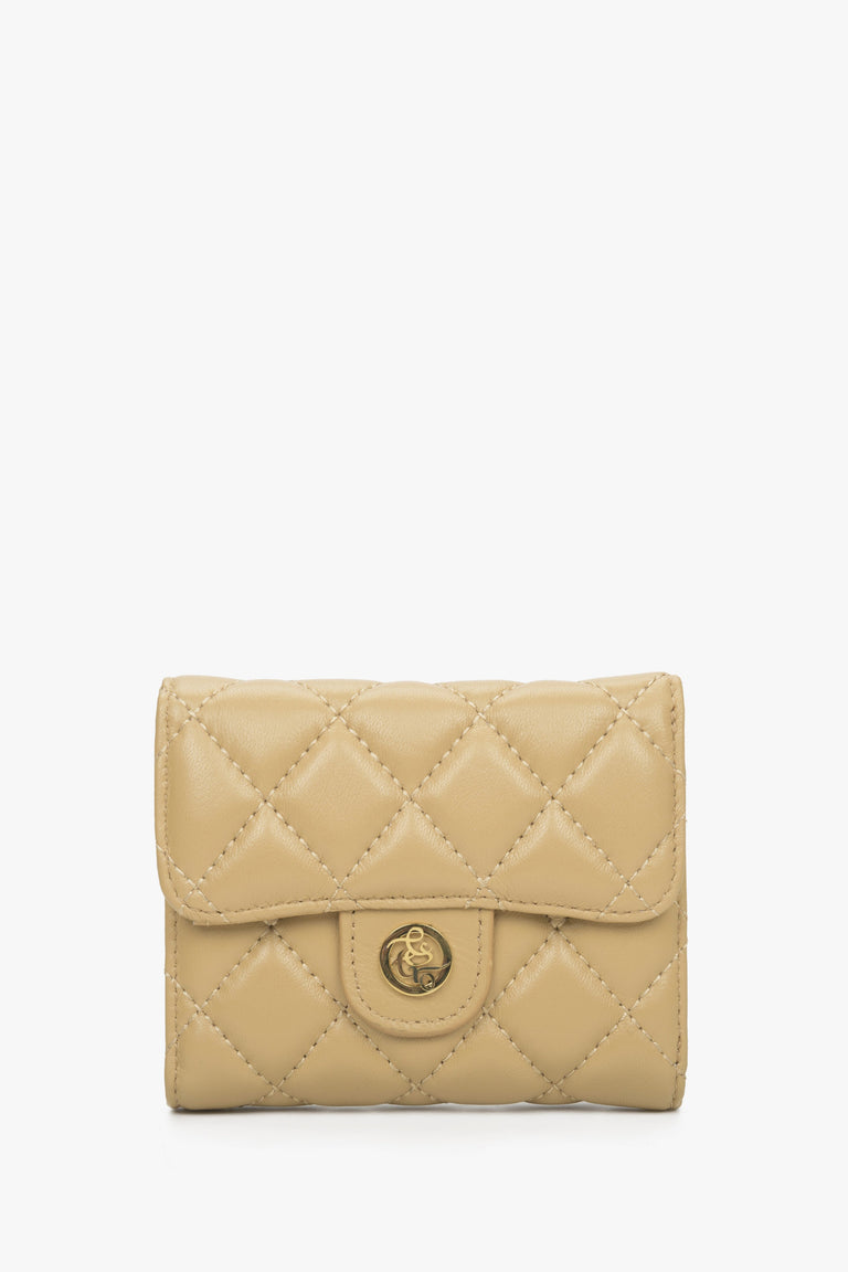 Women's Tri-Fold Small Beige Wallet with Decorative Embossing Estro ER00114477.