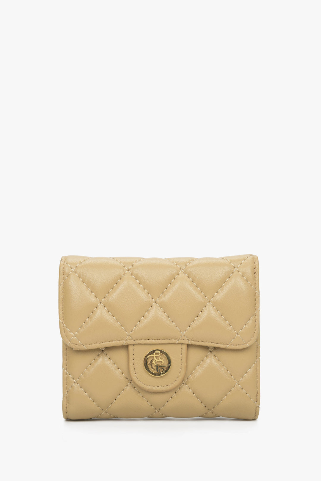 Women's Tri-Fold Small Beige Wallet with Decorative Embossing Estro ER00114477.