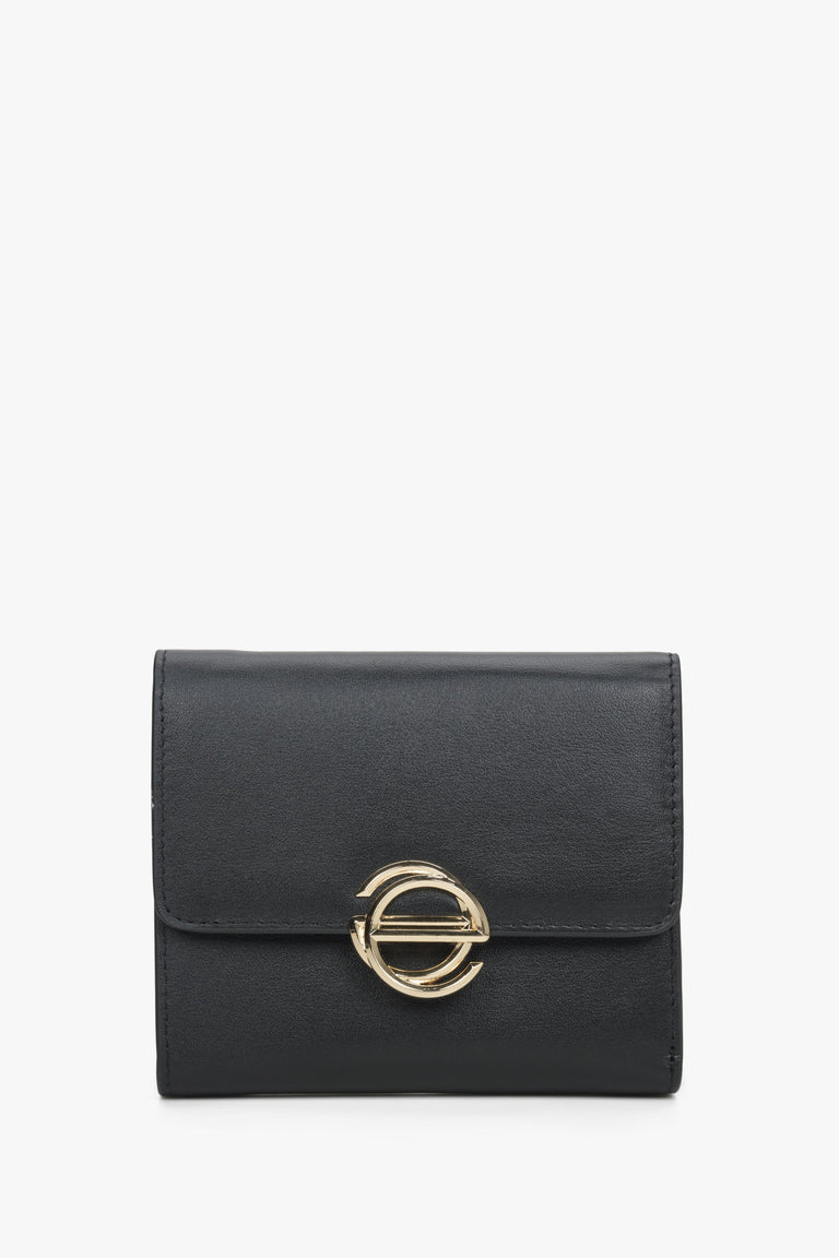 Women's Tri-Fold Small Black Wallet made of Genuine Leather with Golden Embellishments Estro ER00114473.