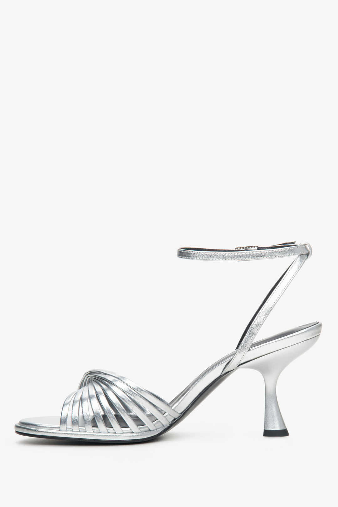 Women's leather sandals with stable silver heels - side profile of the shoe.