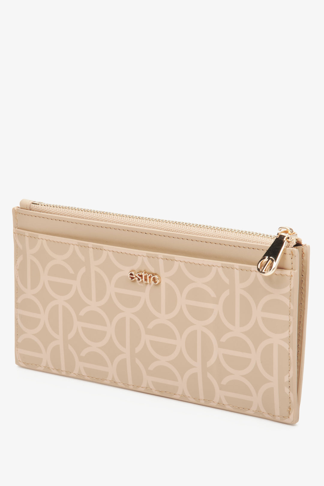 Stylish, large, women's beige wristlet by Estro, made of genuine leather with golden accents.