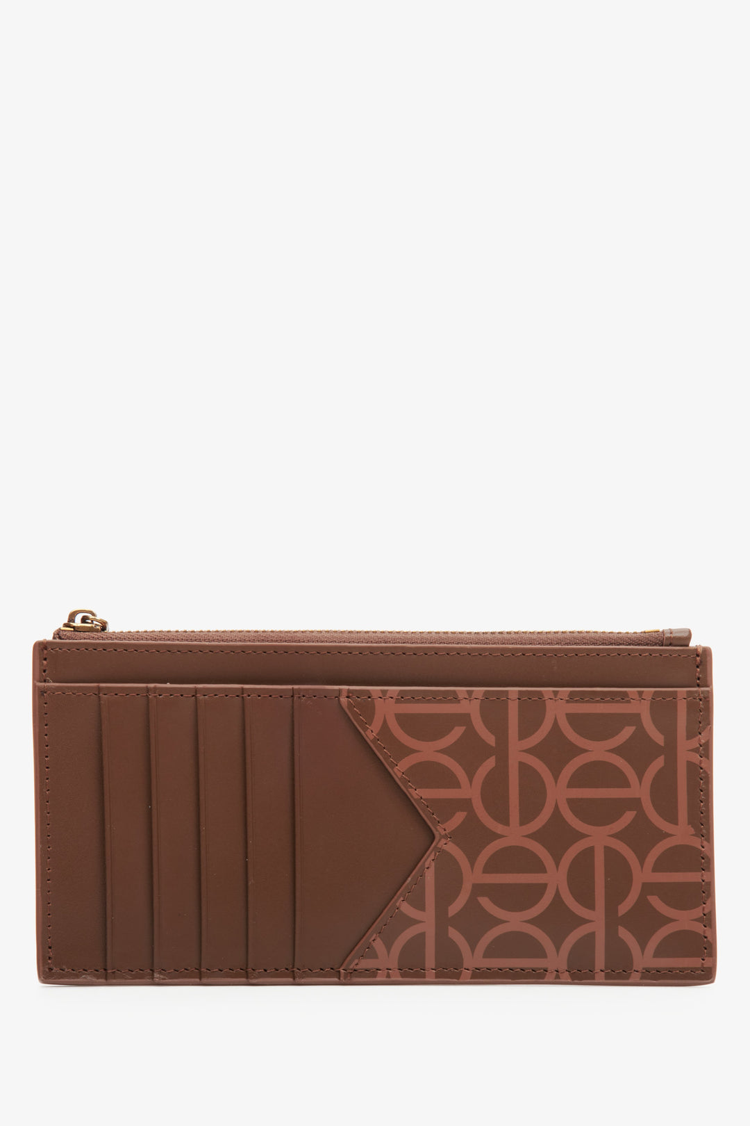 Large brown women's wristlet by Estro, made of genuine leather with golden accents - reverse side.