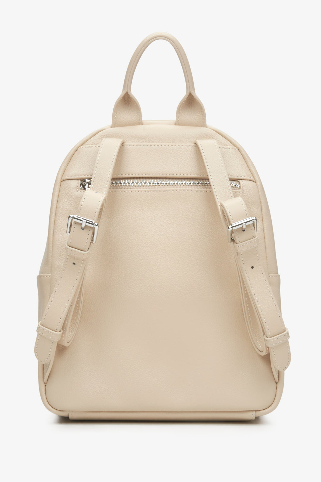 Women's light beige leather backpack with long straps by Estro - back view.
