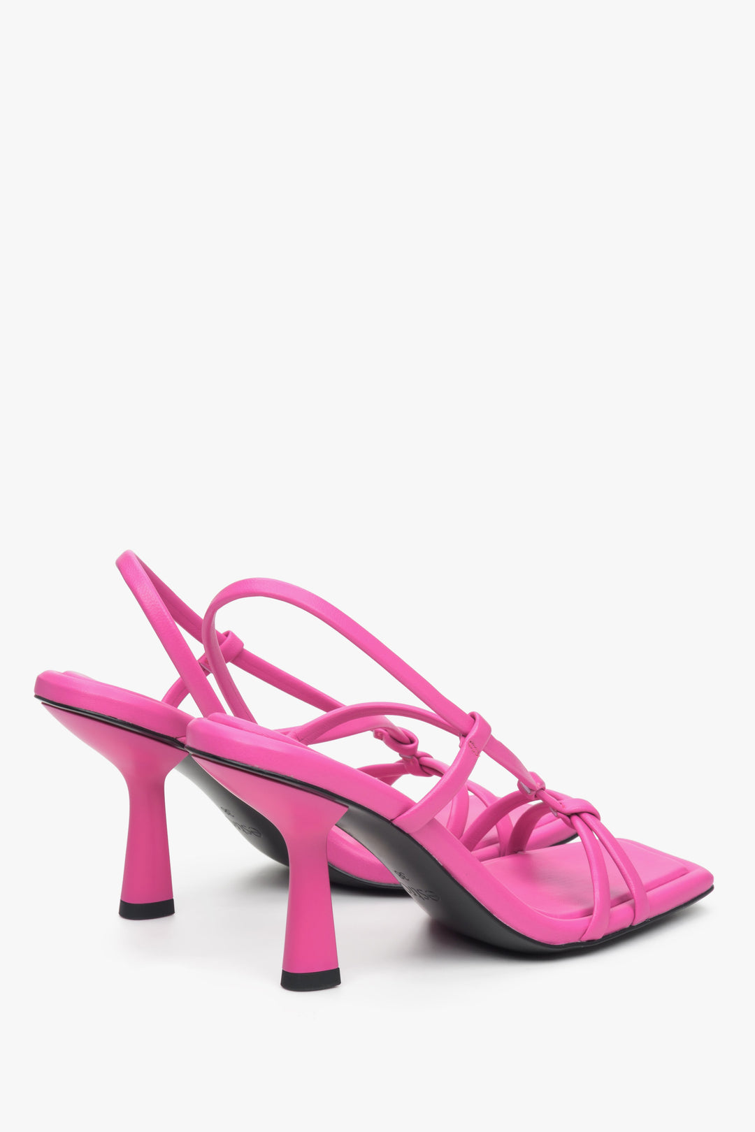 Women's pink leather heeled sandals, Estro brand - a close-up on a funnel heel.