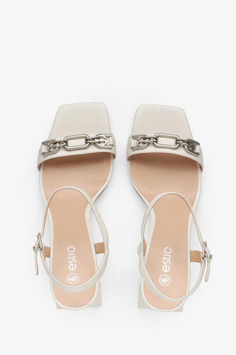 Women's cream-beige leather block heel sandals - top view presentation.