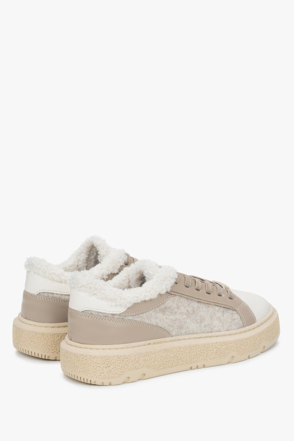 Women's Beige Winter Sneakers Estro - Close-Up of the Heel and Side of the Shoes.