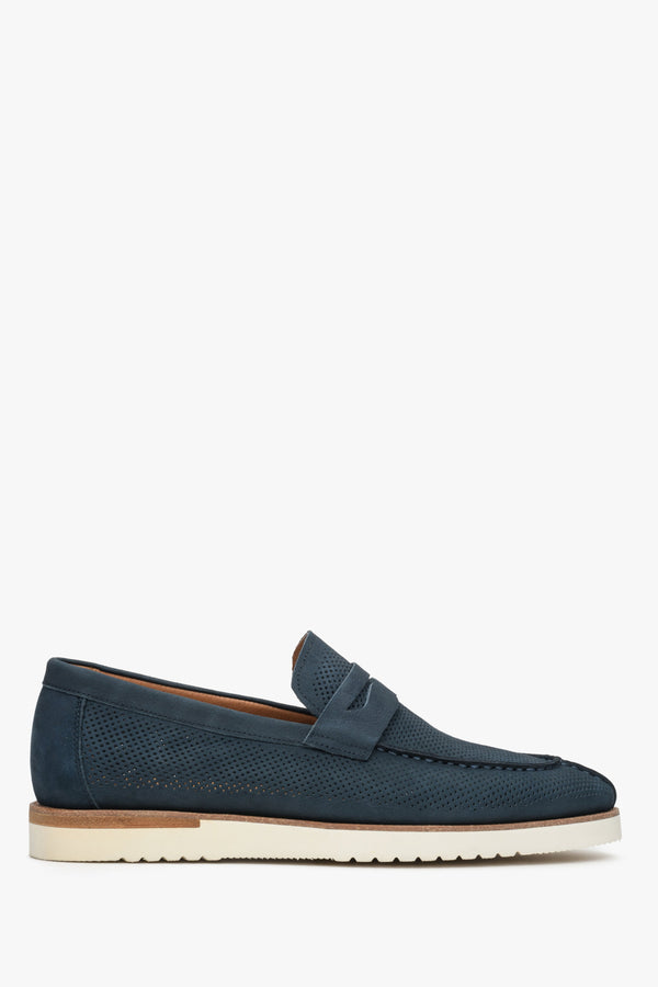 Navy Blue Men's Nubuck Perforated Penny Loafers Estro ER00112555.