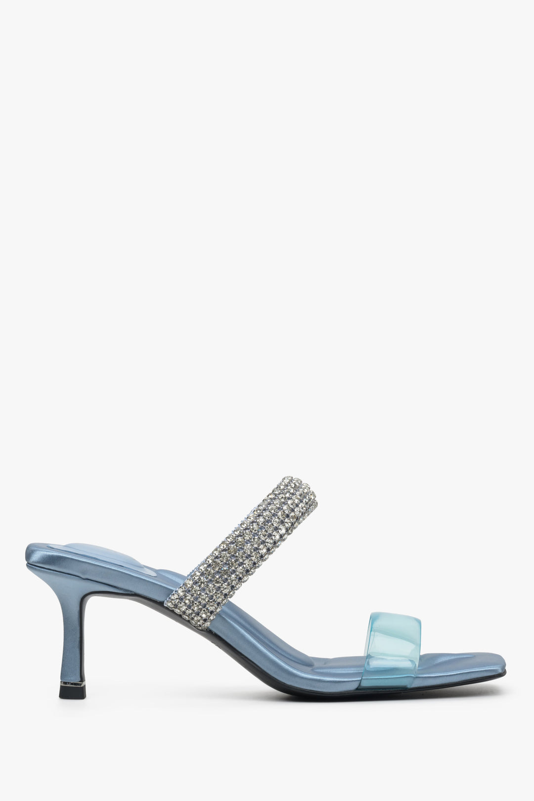 Women's blue heeled mules with zirconia, Estro brand.