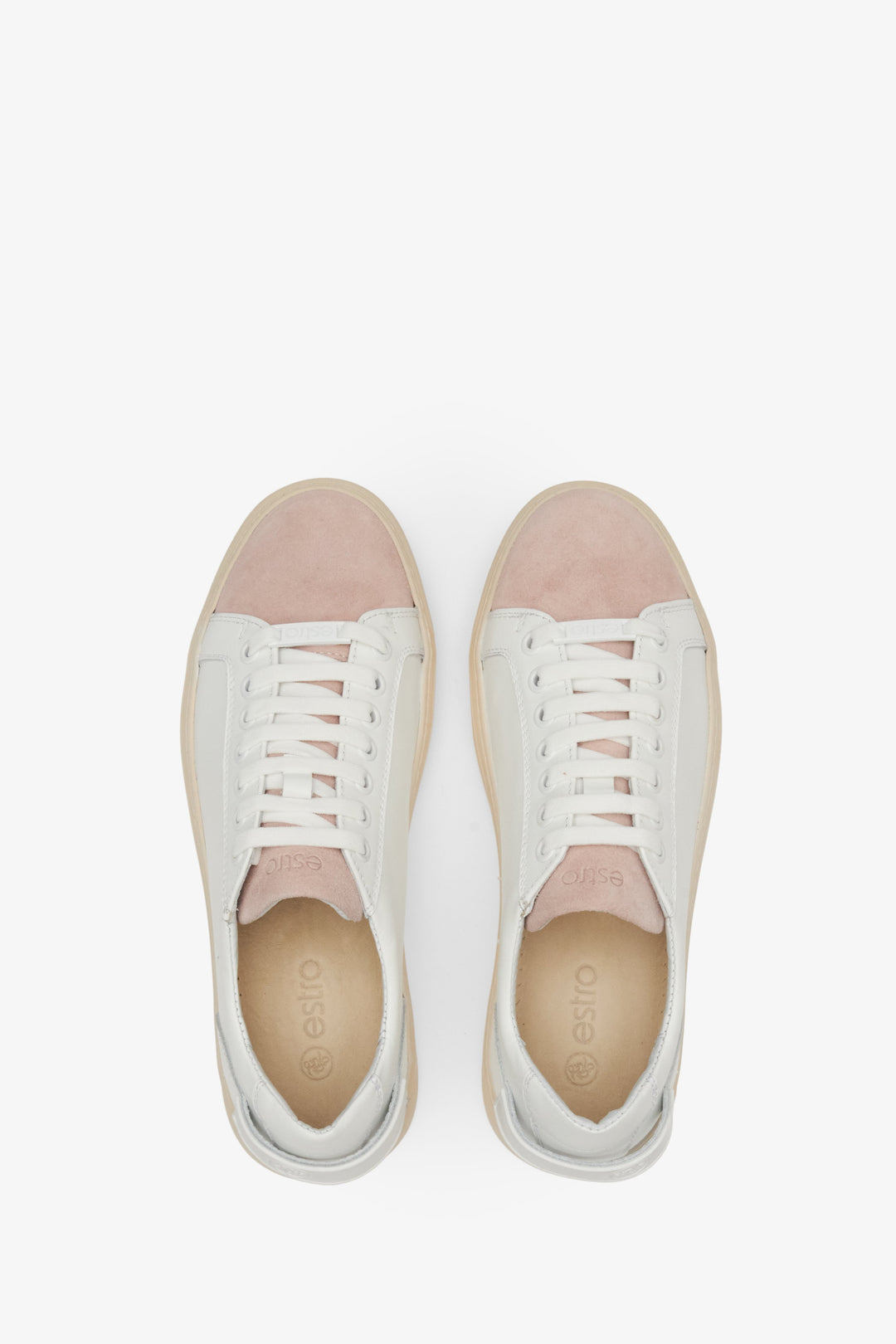 White and pink leather women's sneakers by Estro - top view presentation of the model.
