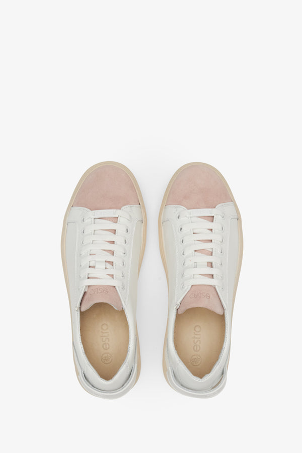 White and pink leather women's sneakers by Estro - top view presentation of the model.