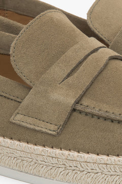 Men's khaki velour moccasins - close-up on detail.