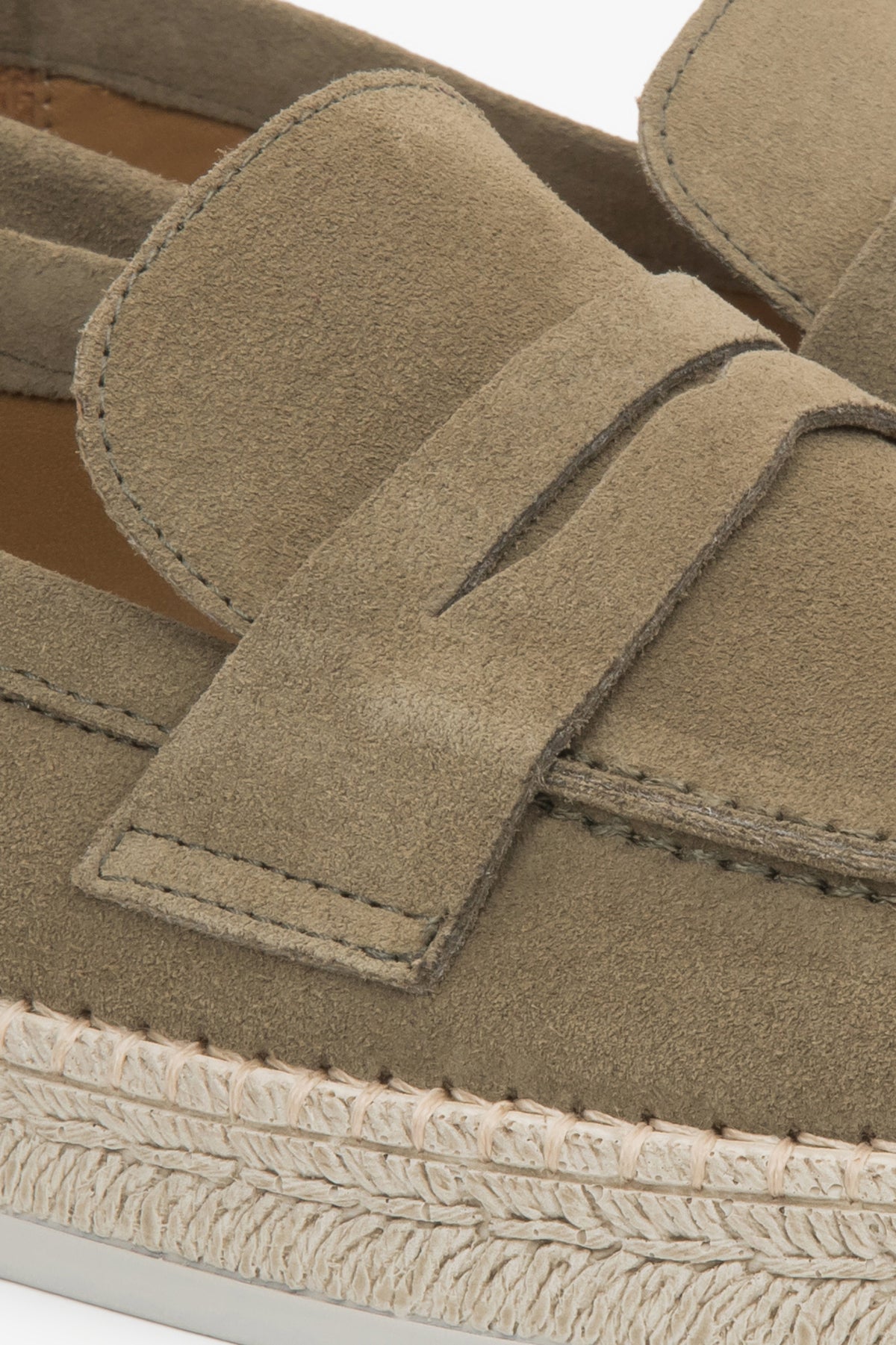 Men's khaki velour moccasins - close-up on detail.