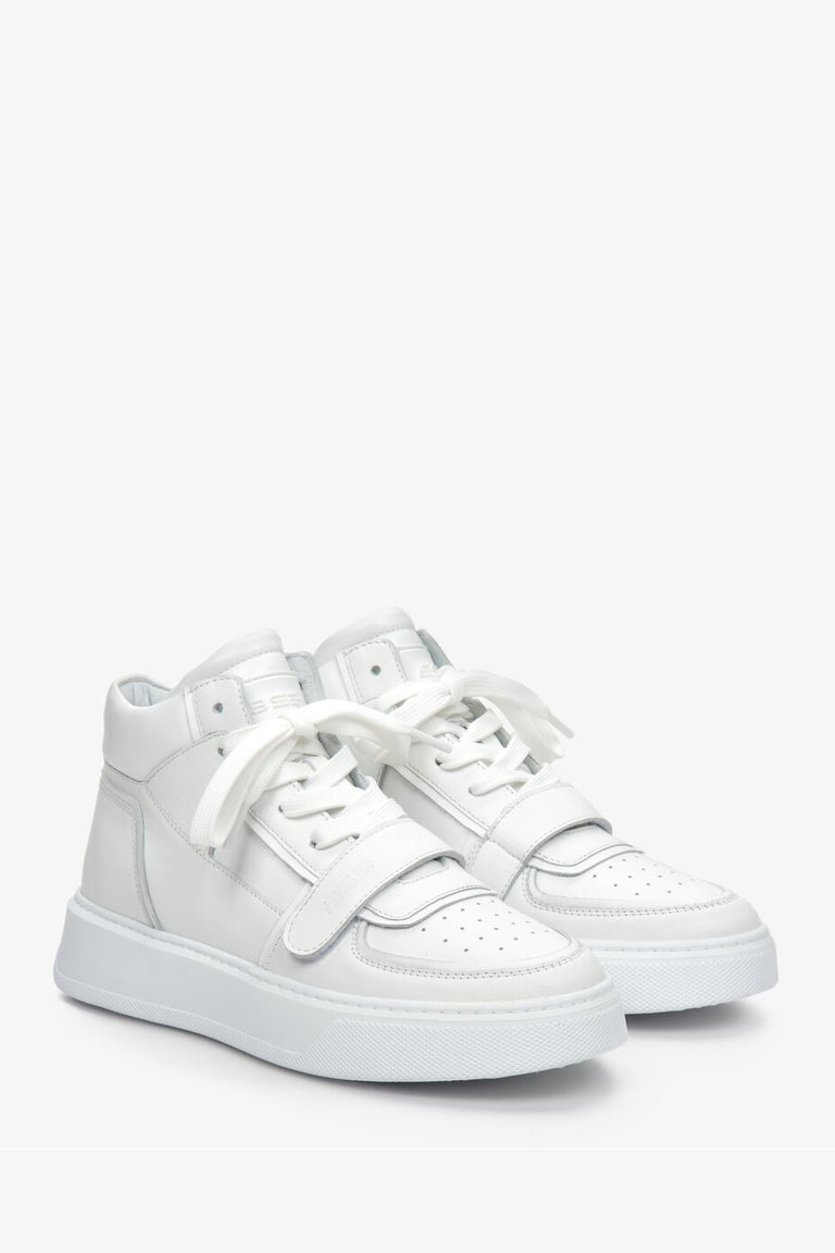 Women's high-top leather sporty sneakers with laces and decorative strap by ES 8 - white color.