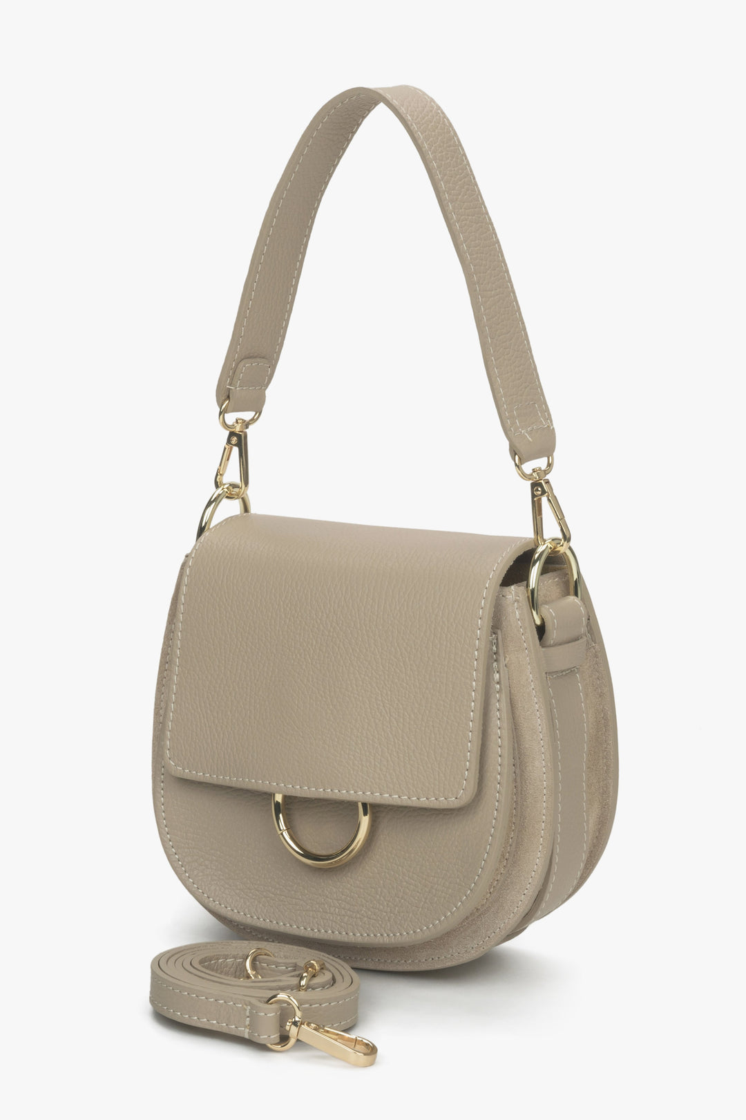 Handmade in Italy women's beige leather bag - presentation of the short and long strap.
