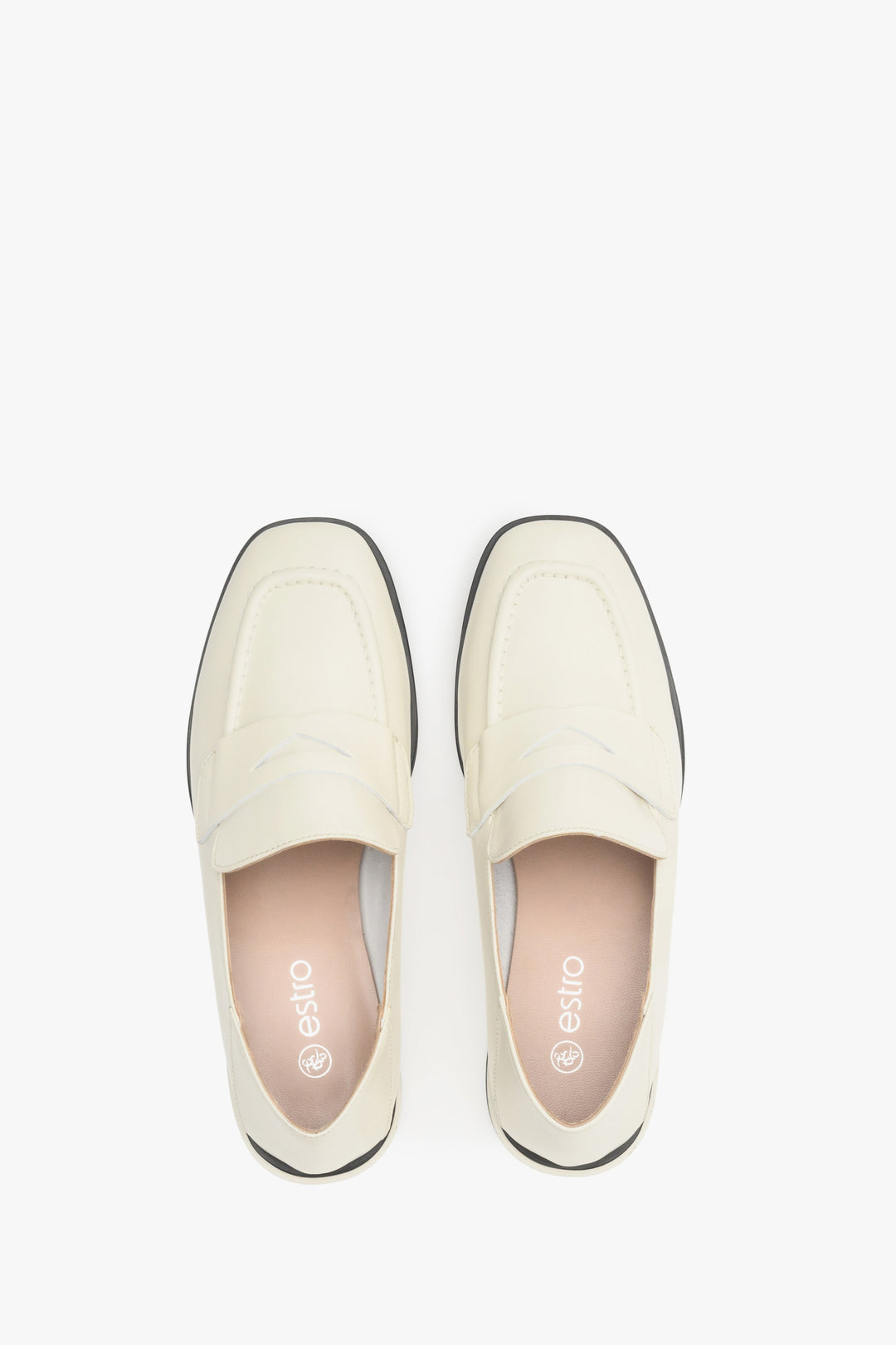 Women's white loafers made of genuine leather by Estro - top view shoe presentation.