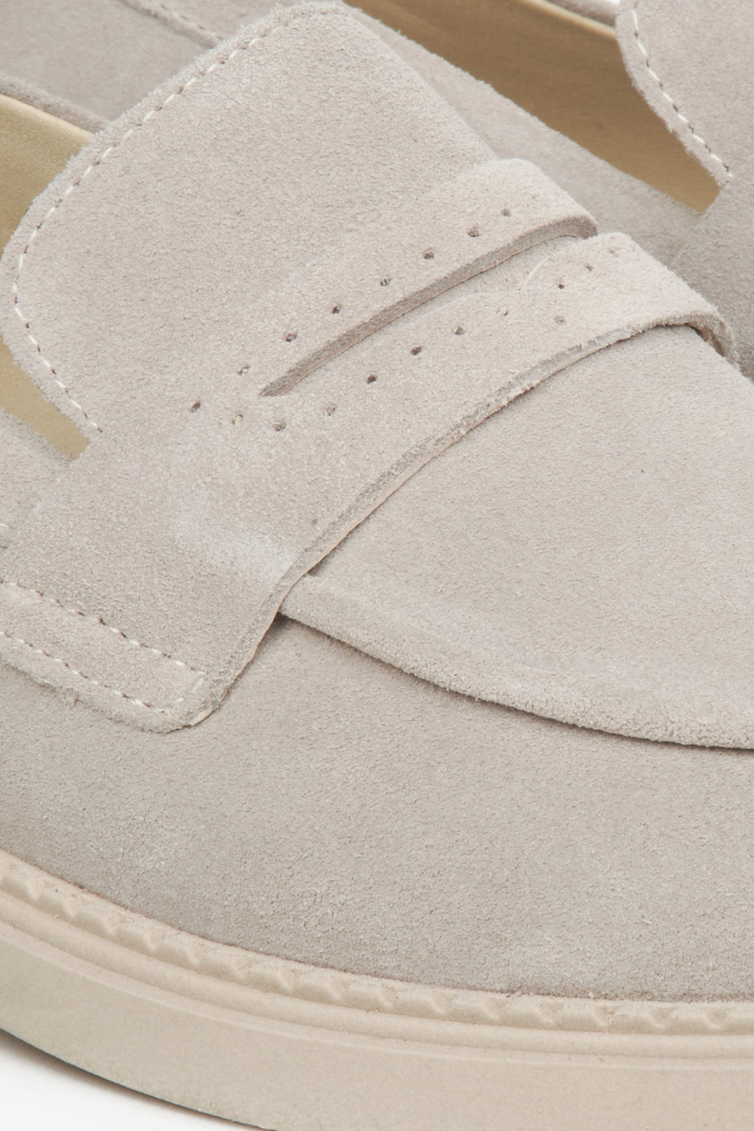 Women's light beige  loafers by Estro - a close-up on the sewing line.