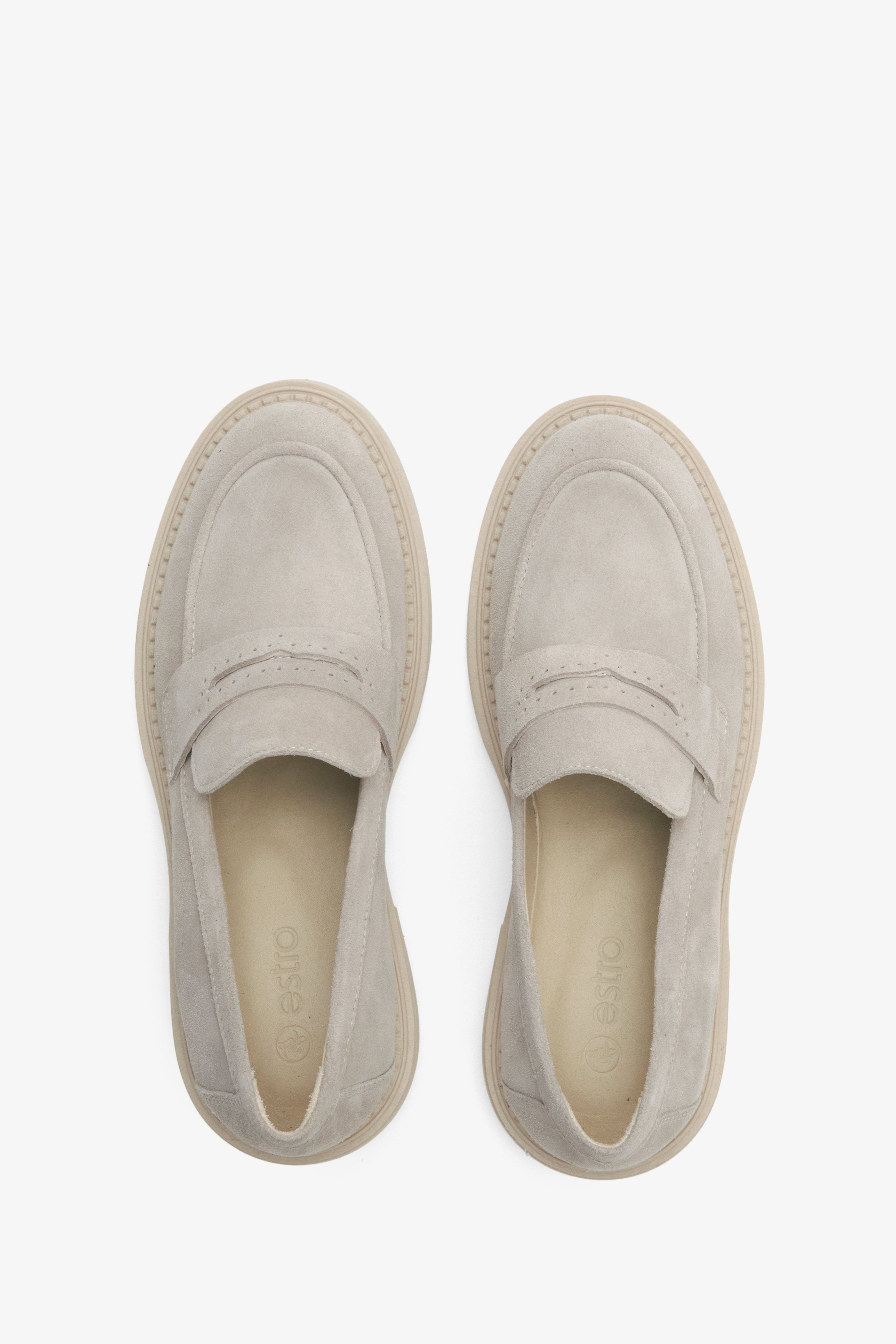 Light beige velour loafers for women Estro - presentation of the model from above.