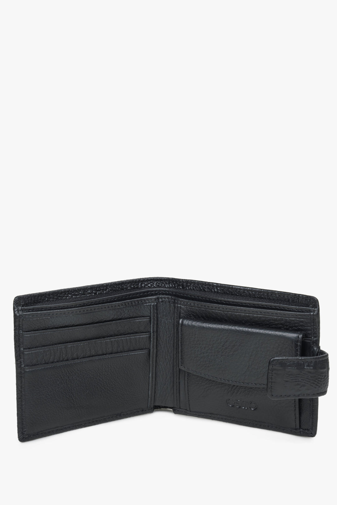 Men's black wallet with a clasp made of embossed genuine leather by Estro - interior.