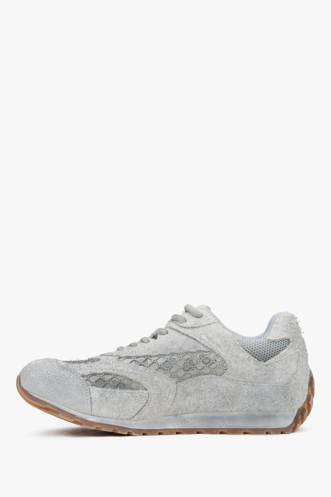 A pair of women's low-top sneakers in grey, featuring a mix of soft velour and textile panels.