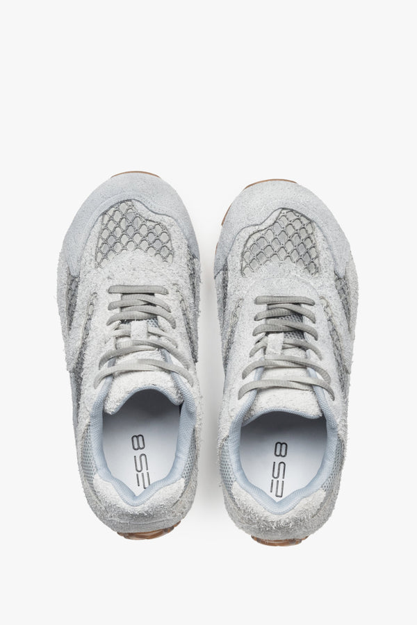 A pair of women's sneakers in grey, constructed from velour and textile fabric, model ES8.