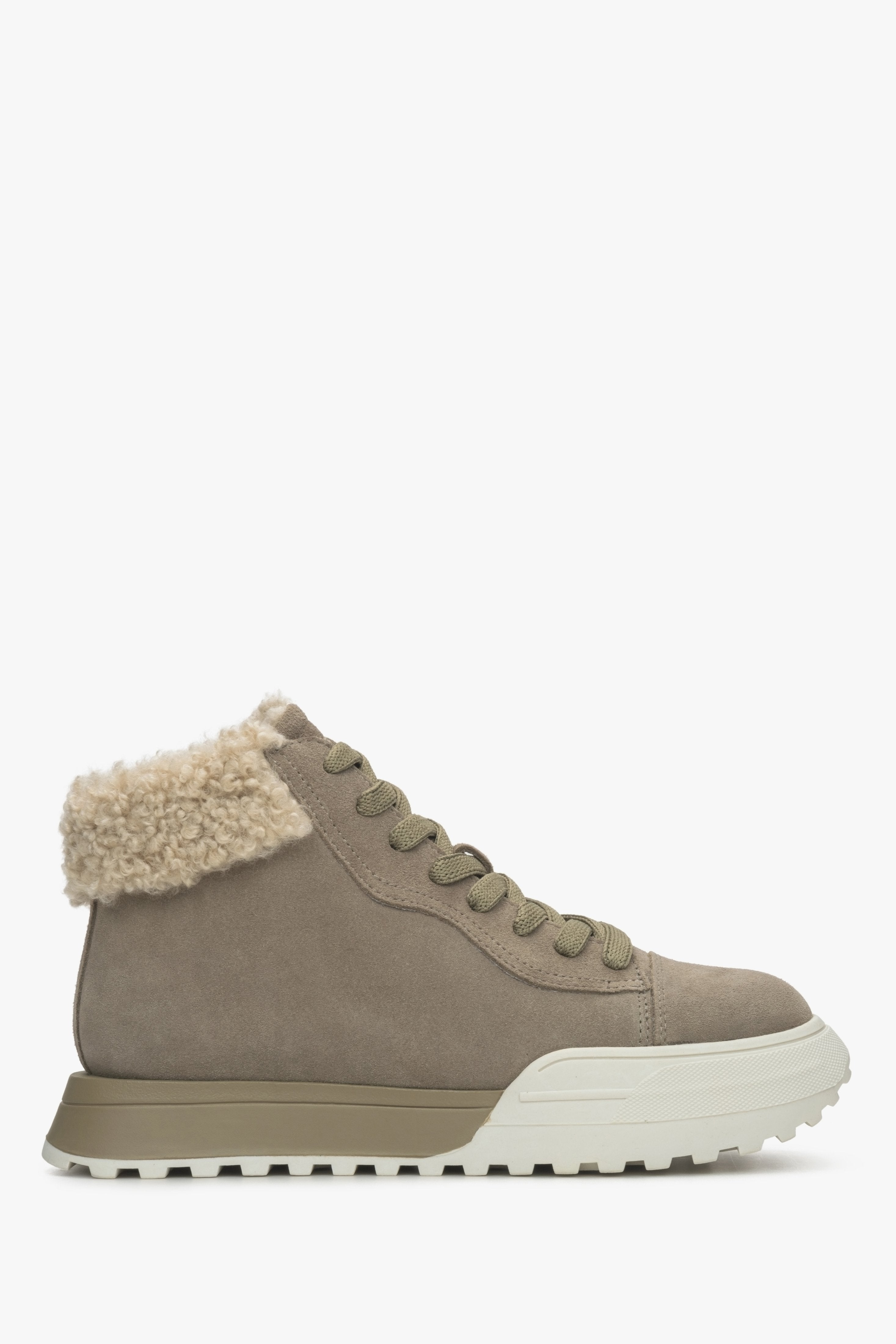 Women's Khaki High-Top Winter Sneakers made of Velour & Fur Estro ER00115172