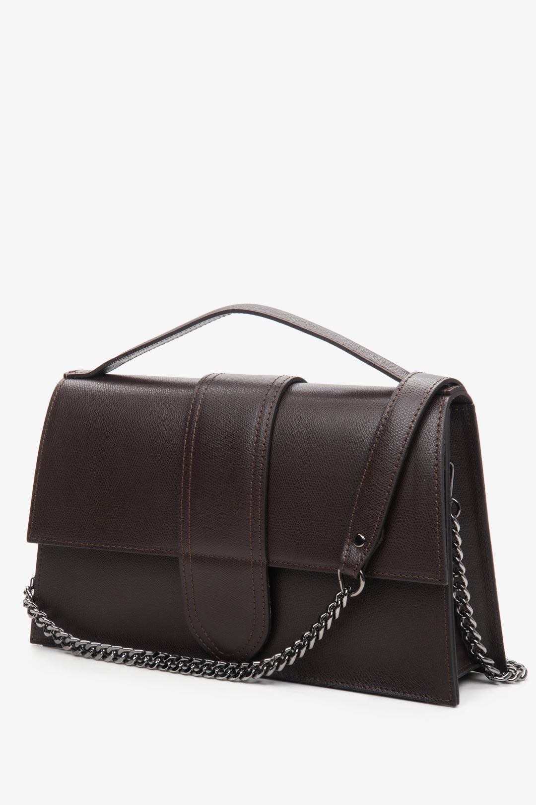 Women's small dark brown leather handbag by Estro - close-up on the front of the model.