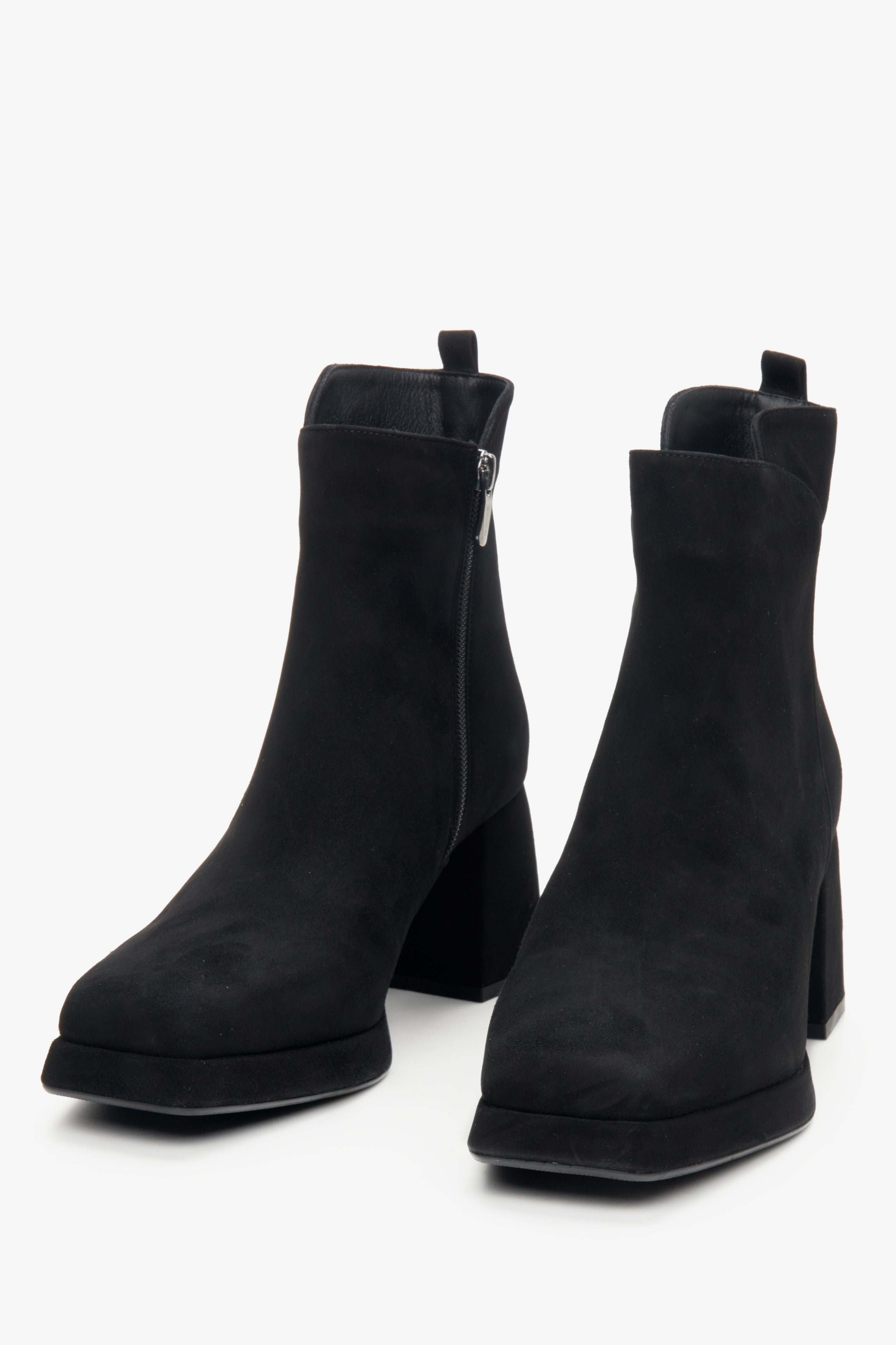 Women's black velour Estro ankle boots with block heel - close-up on the toe.