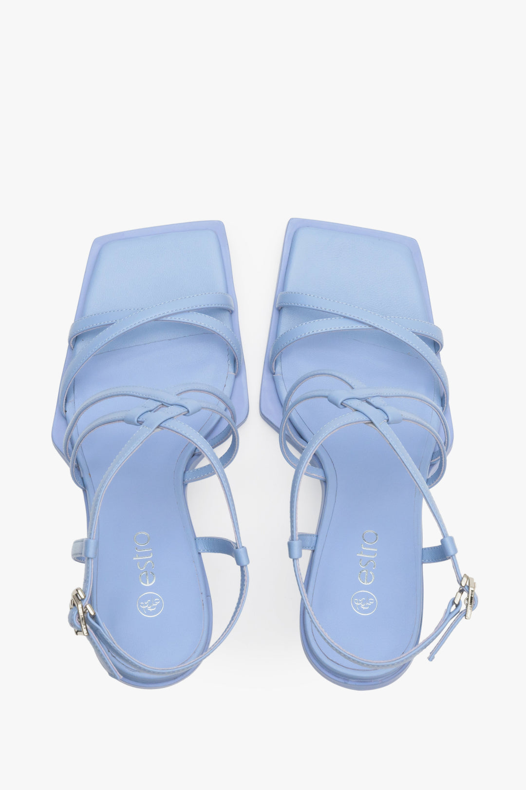Light blue leather strappy sandals with square toe - presentation from above.