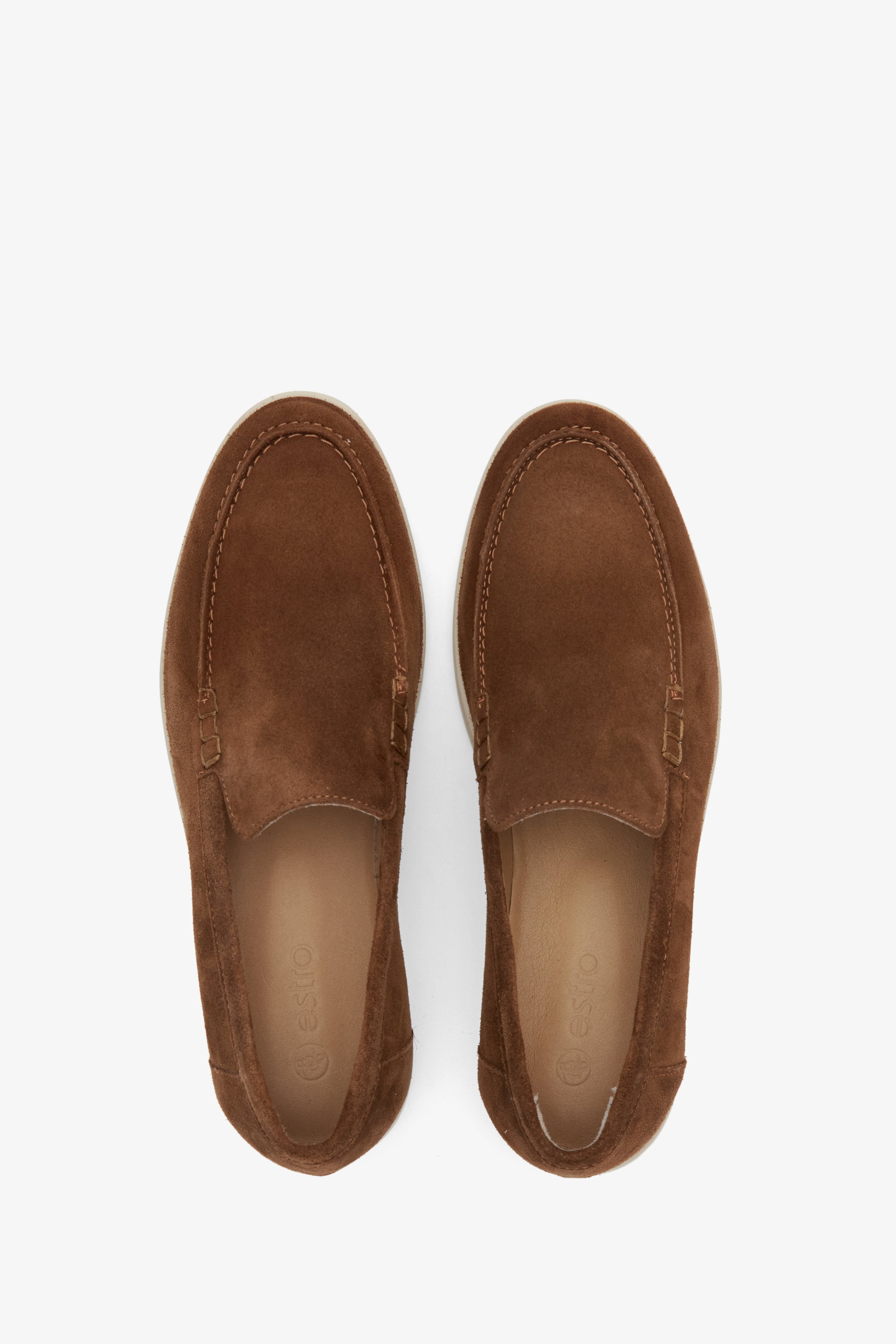 Feminine brown suede loafers - presentation of the footwear from above.